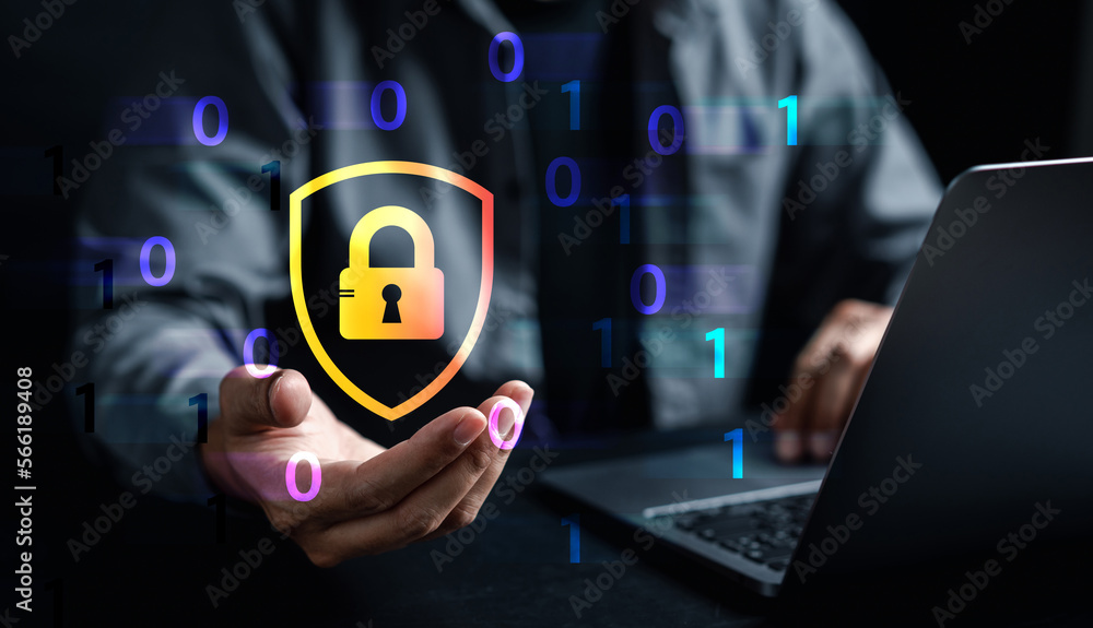 Poster Cybersecurity and privacy concepts to protect data. businessman with internet network security technology. Businessman locking personal data on computer with virtual screen interfaces. cyber security.