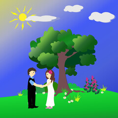 Husband and wife under the summer tree on the green hill