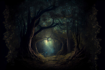 Image of a road in the dark forest. Generative ai.