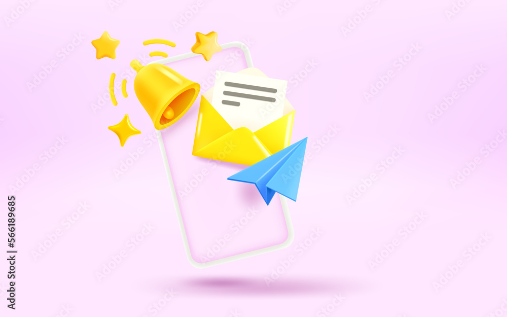Poster computer monitor with letter, plane and bell. receiving message concept. 3d vector illustration
