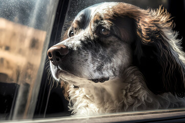 Alone Dog locked in hot car. Danger Health threat of animal, Help of pet overheating or hypothermia. Generation AI