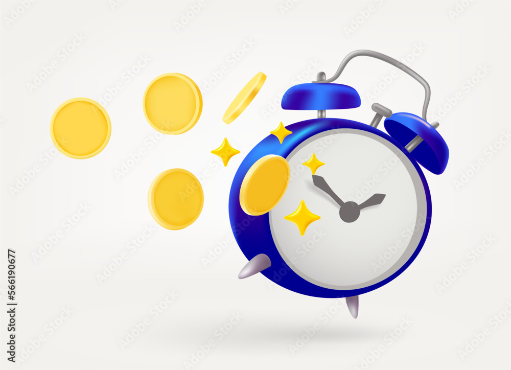 Poster time to market concept with clock and coins. 3d vector illustration isolated on white background