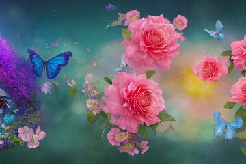 Obraz na płótnie Canvas Mysterious fairytale spring or summer fantasy floral banner with rose flowers garden, flying peacock eye and blue butterflies on blurred beautiful background toned in soft pastel. Generative AI