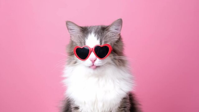 Cute funny cat in red heart shaped sunglasses sits on a pink background. Postcard with cat with space for text. Concept Valentine's Day, wedding, women's day, birthday