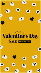 Yellow Valentine's day sale vertical banner with cute love heart, chat bubbles and letters