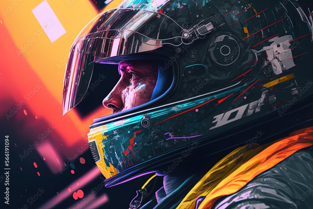 Poster formula one driver in closeup wearing helmet and outfit during generative ai race generative ai