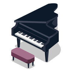 Black grand piano isometric PNG illustration with transparent background