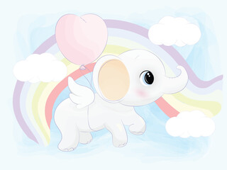 A cute little elephant flies on wings. Carries a balloon in the form of a heart. Rainbow in the background.