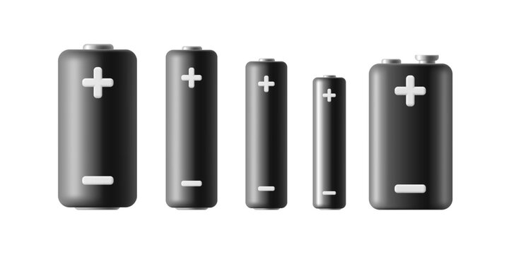 Black 3d set of batteries of different sizes with a plus and minus sign. A modern look for the design and branding on a white background.