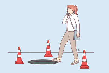 Careless woman walking talking on phone risks falling into hatch due to inattention and abuse of gadgets. Casual girl steps towards open sewer making phone call. Flat vector design  - obrazy, fototapety, plakaty