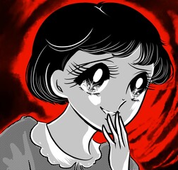 昭和レトロホラー70年代少女漫画怖い噂話をヒソヒソする黒髪おかっぱ美少女の白黒イラストと暗雲背景