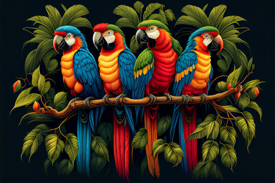 Bright parrots sit on a tree branch. AI generated