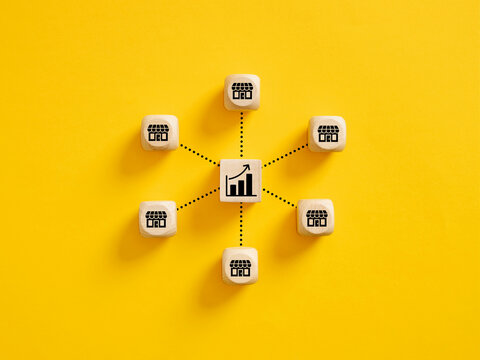Business sales growth. Expanding franchise stores and increasing profitability concept.