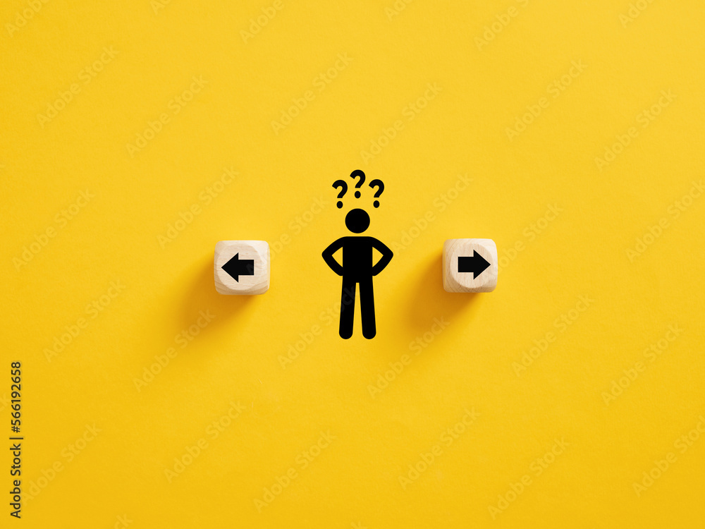 Poster decision making and choosing the right path. confusion about deciding which direction to go. stickma