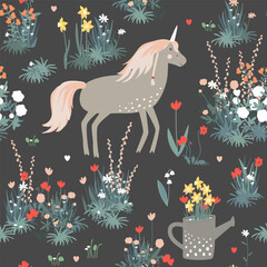 Magic seamless pattern with unicorn among spring flowers in fairy garden. Vector illustration © Toltemara