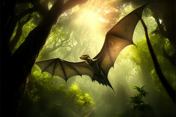 Jurassic pterodactyl flies in the sky. AI generated.