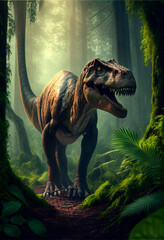 Huge dinosaur in the ancient forest with ferns. AI generated.