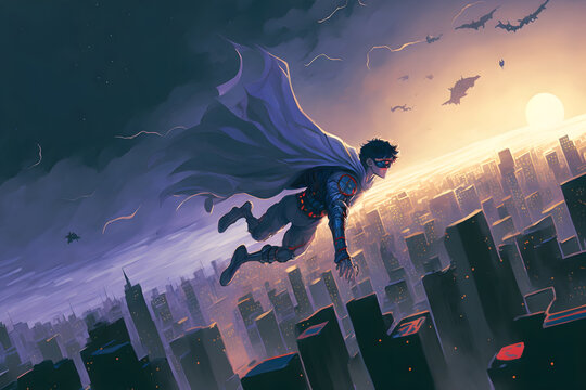 superboy flying in the sky over the big city at night, digital art style, illustration painting