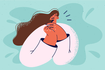 Smiling woman make hand gesture feeling appreciation