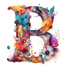 Capital letter B made of watercolour flowers and, flourish ornaments. Isolated on white background. Colourful alphabet series. Digitally generated AI image
