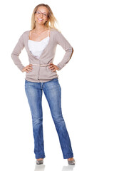Obraz premium Portrait of a beautiful young blonde in casual wear standing with her hand on her hip Isolated on a PNG background.