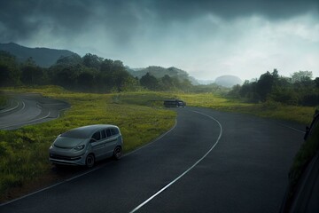 Plakat Hydrogen vehicle driving on a green road. Generative AI