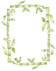 Bamboo frame, Wood stick banner. Watercolor hand drawn illustration with green leaves