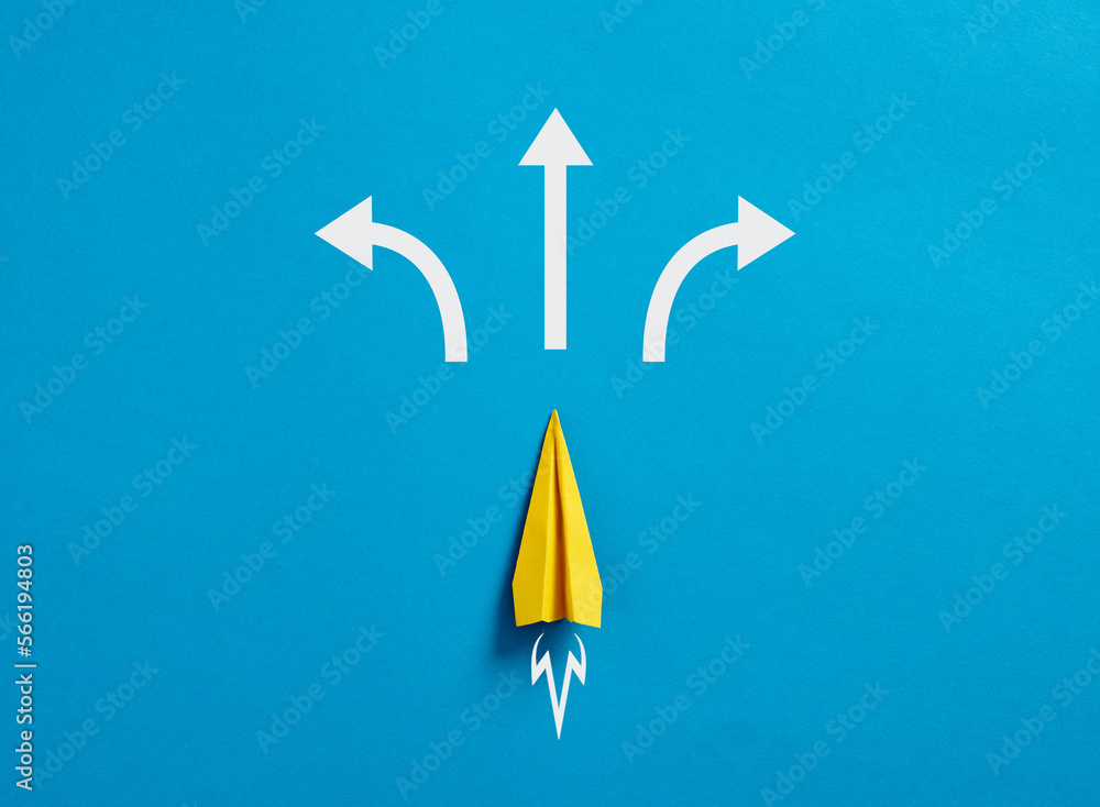 Poster paper plane with arrows pointing different directions.
