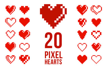 8bit pixel hearts vector logos or icons set, retro game from 90s 8 bit style heart symbols collection, graphic design stylish elements.