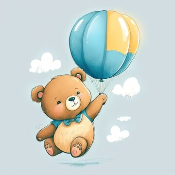 a cute bear flying with a balloon. Children book illustration - Generative AI image