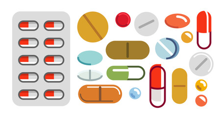 Different medical pills vector simple flat illustrations of icons set isolated on white, meds drugstore concept, apothecary prescription medicaments.