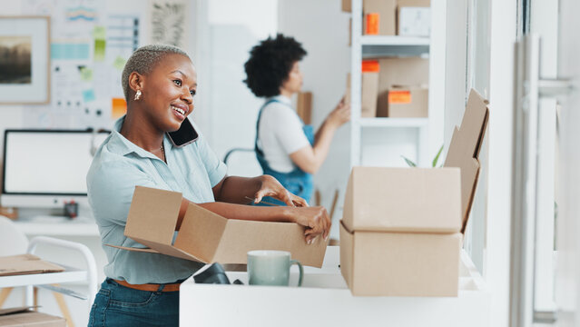 Black, businesswoman and phone call in logistics startup consulting with customer while working at office. Happy African female talking to client or buyer on smartphone in small ecommerce business