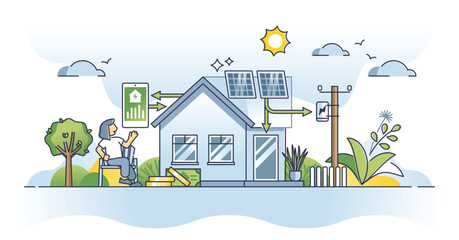 Fototapeta premium Solar panel energy savings for power economy calculation outline concept. Green, sustainable and nature friendly renewable electricity source with smart sun collector system vector illustration.