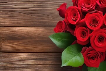 Bouquet of red roses laying on wooden background - Illustration, romantic, valentine, love