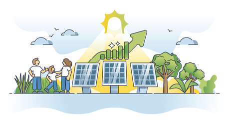 Solar power efficiency with sun panels electricity economy outline concept. Alternative energy with nature friendly or renewable technology financial calculation for savings growth vector illustration