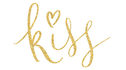 KISS vector gold glitter brush lettering banner with heart motif