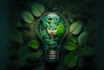 Obraz na płótnie Canvas Eco friendly lightbulb from fresh leaves top view. Energy saving, ecology and environment sustainable resources conservation. Green and clean power concept.