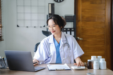 Doctor hold tablet, conduct financial transactions with calculate expenses - income and data...