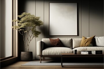 Poster frame mockup in modern interior background, living room.