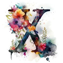Capital letter X made of watercolour flowers and, flourish ornaments. Isolated on white background. Colourful alphabet series. Digitally generated AI image