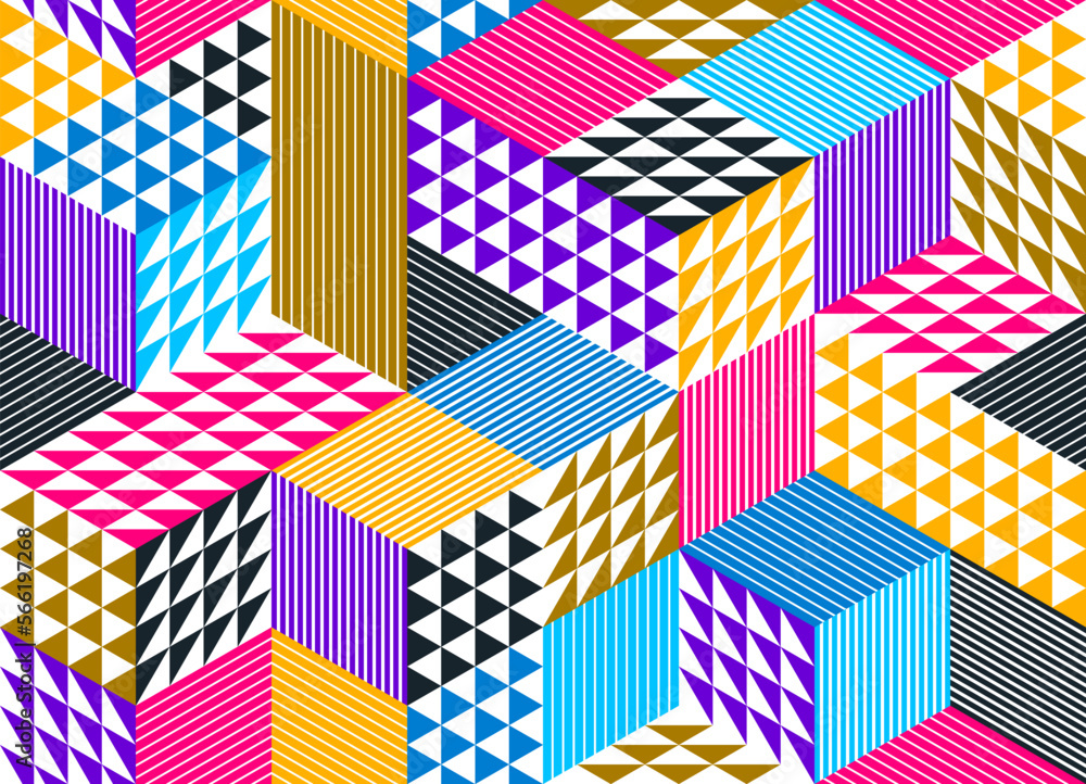 Poster seamless cubes vector background, rhombus and triangles boxes repeating tile pattern, 3d architectur