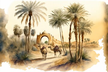 Watercolor painting, a landscape of the Arabian Peninsula, palm trees and camels - generative ai - obrazy, fototapety, plakaty