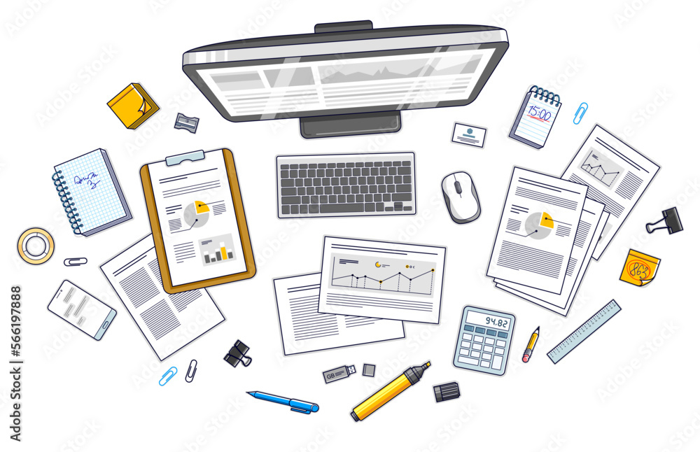 Fototapete Work desk workspace top view with PC computer and analytics papers with graphs and data and stationery objects on table. All elements are easy to use separately or recompose illustration. Vector.