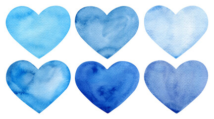 Set of hand painted watercolor blue hearts isolated on a white background.