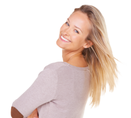 A young blonde woman looking over her shoulder and smiling isolated on a PNG background.