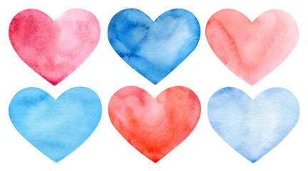 Fototapeta premium Set of hand painted watercolor pink and blue hearts isolated on a white background.