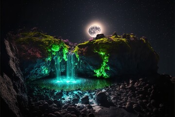 Obraz na płótnie Canvas Natural waterfall with rocks and green moss in night. Generative Ai.