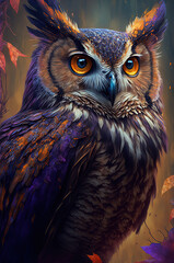 Realistic portrait of an owl, bright eyes, fantasy, magical, beautiful colors. Generative AI.