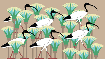 Fototapeta na wymiar A flock of sacred ibis in a field of lotus flowers, inspired by ancient Egyptian drawings - Illustration Vector background