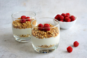 healthy cheesecake in drinking glass with raspberry isolated on concrete background, close-up